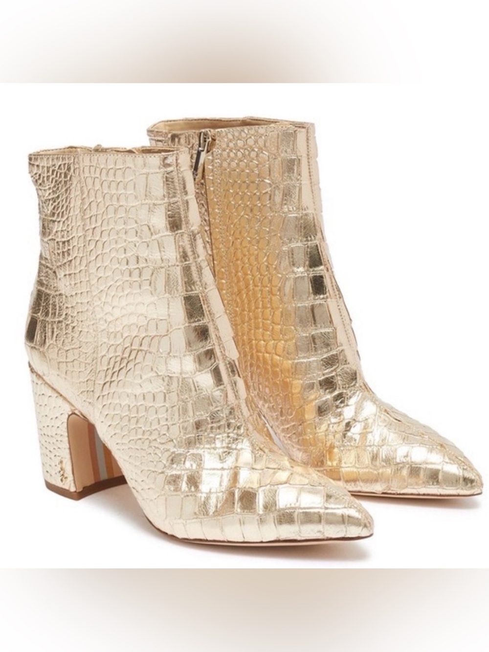 Sam Edelman Gold Croc-Embossed Block Heel Ankle Boots